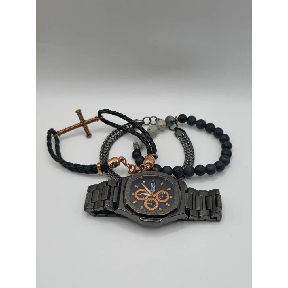 American Exchange Men's Black Watch & 4-Piece Bracelet Set